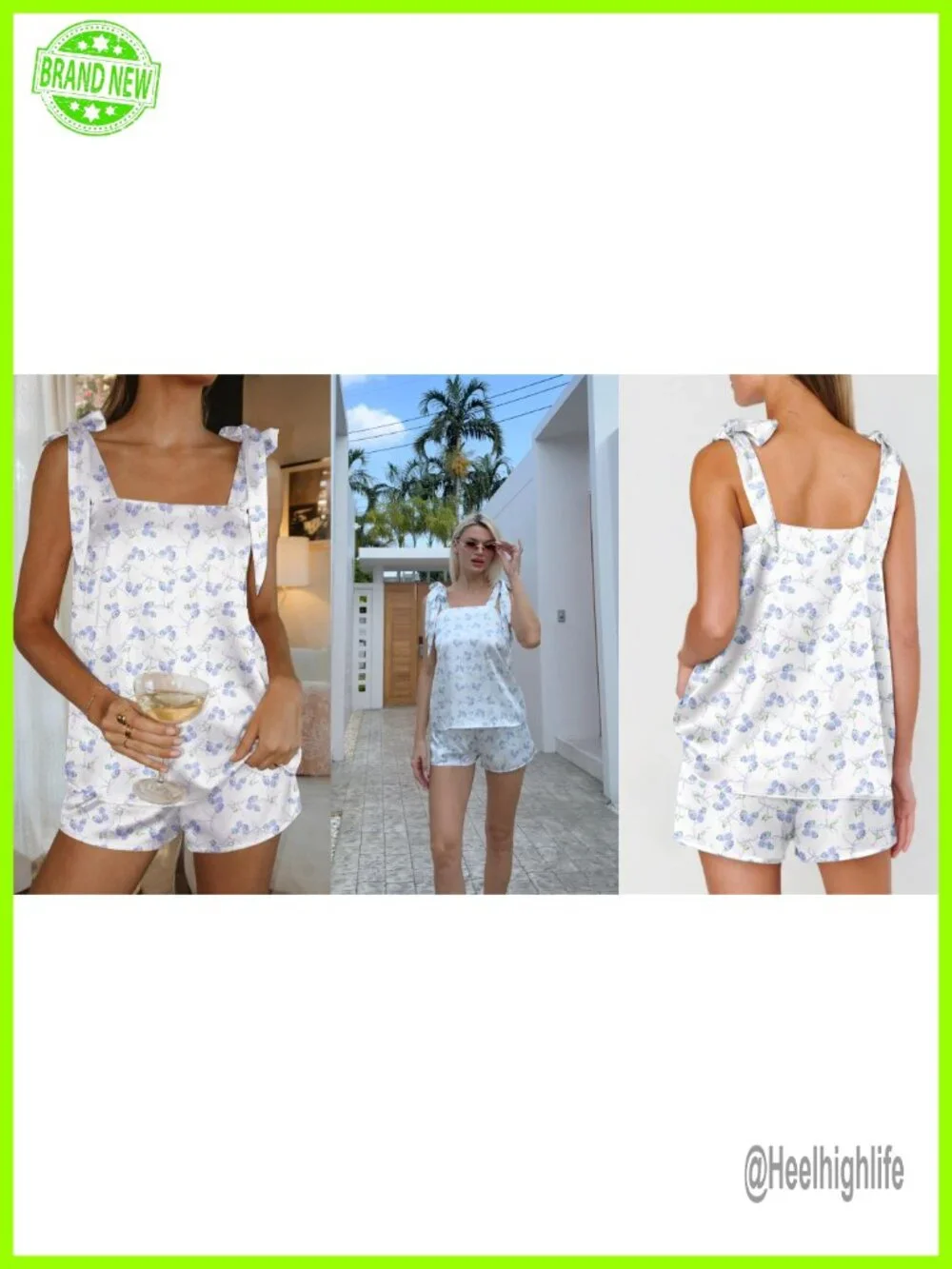Silk Pajama Set Satin Bow Tie Knot Tank Top & Shorts 2 Piece Sleepwear